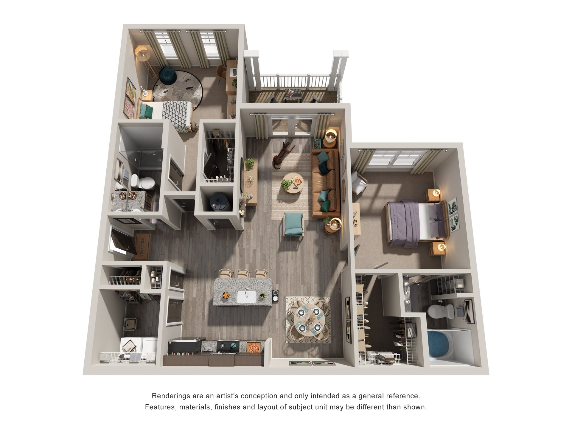 Floor plan for 2 beds, 2 baths, 1168 sqft
